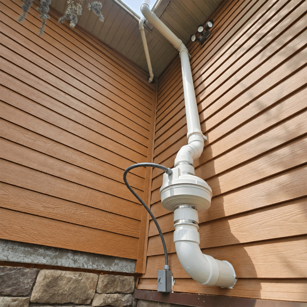 Real exterior radon reduction fan and vent piping installed on a home