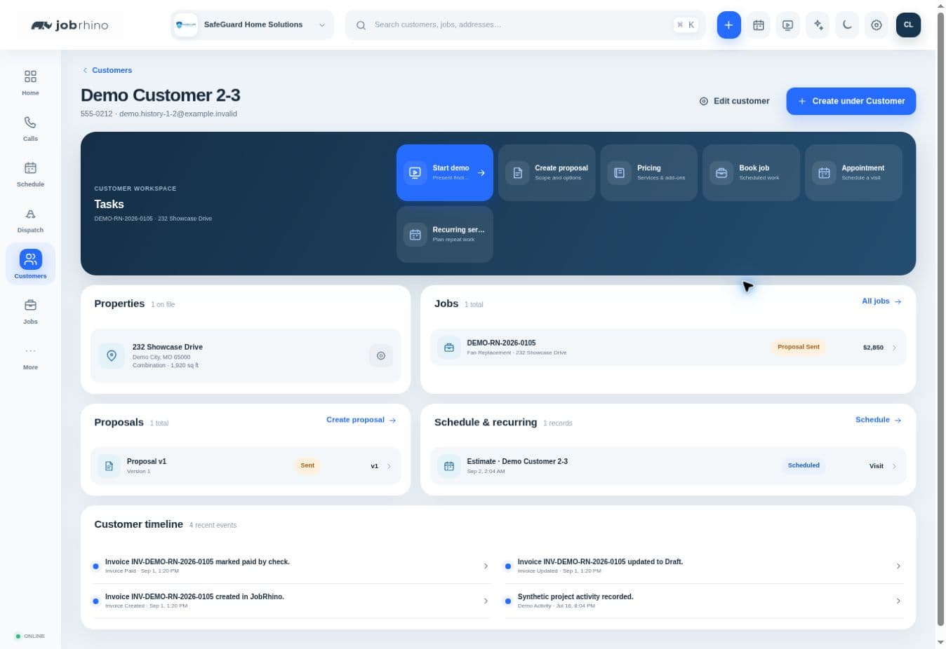 JobRhino customer workspace showing proposals, pricing, and job records for a radon customer.