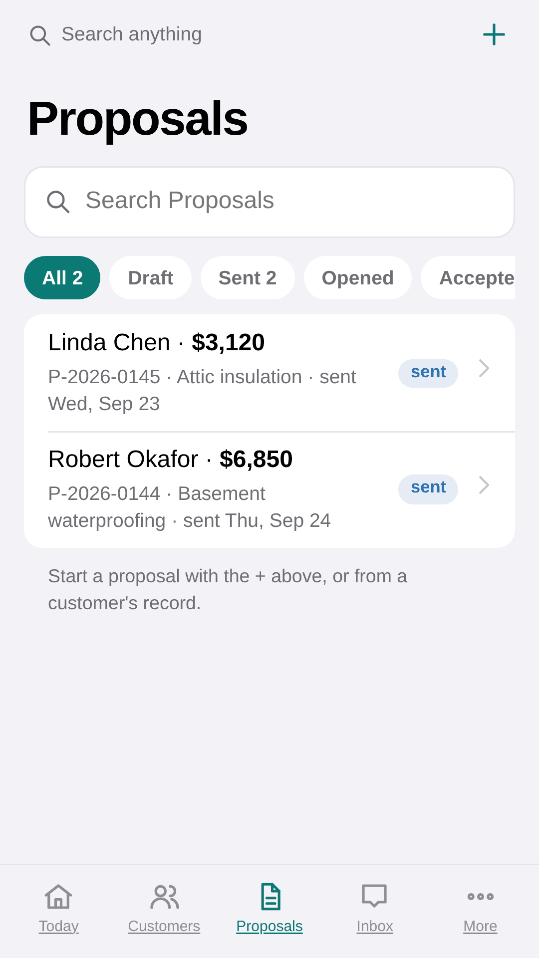Current JobRhino phone proposals list with fictional insulation and waterproofing customer records